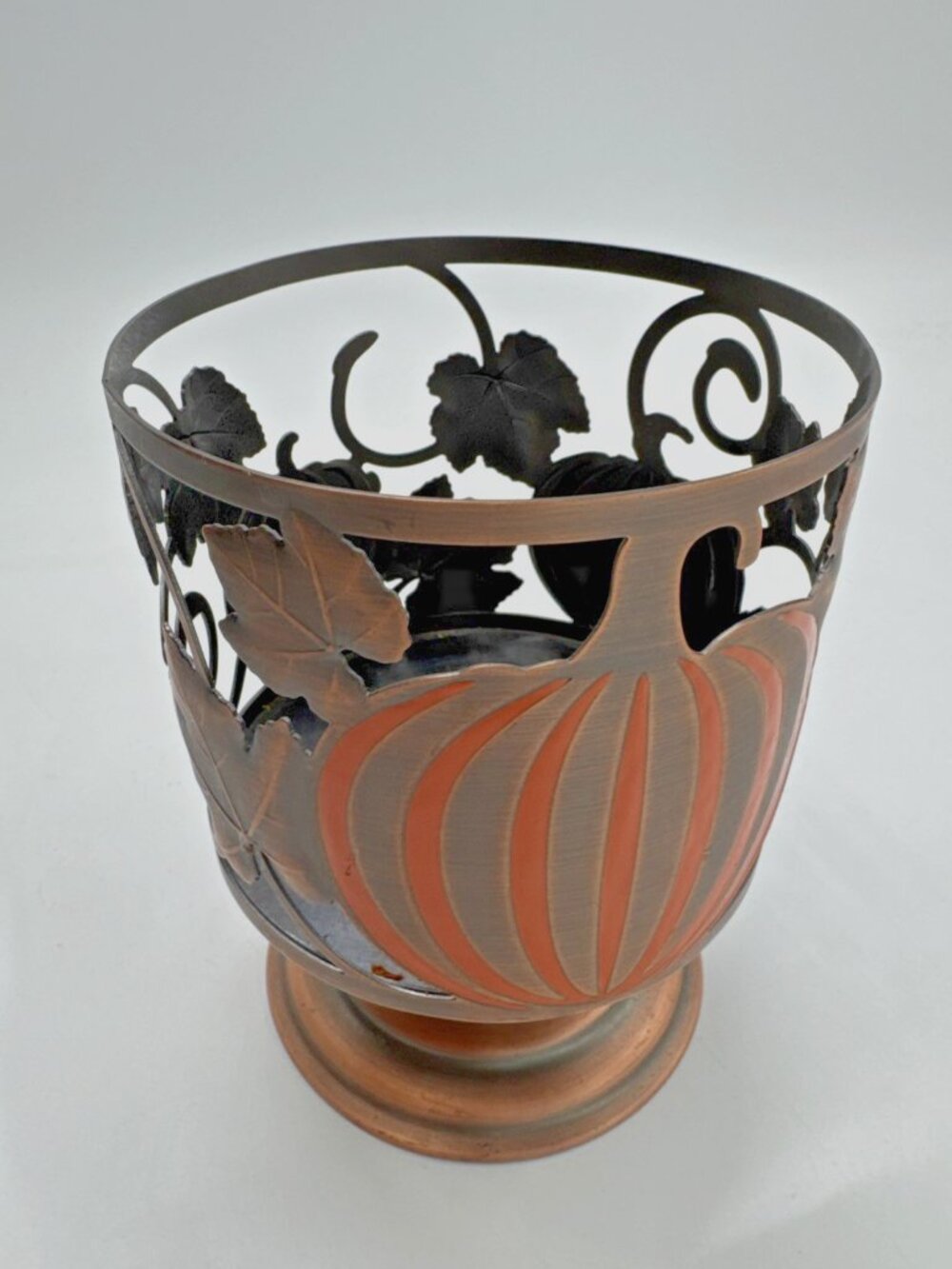 Bath & Body Works Bronze Pumpkin Leaf Pedestal Large 3-Wick Candle Holder Sleeve